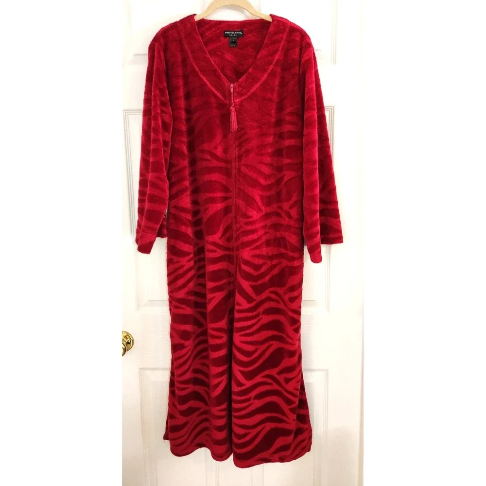 Miss Elaine Sx Large Micro-Embossed Velour Zip Robe Cranberry Pockets Warm Comfy